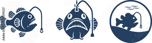 Set of three stylized anglerfish icons with bioluminescent lures in dark blue silhouette