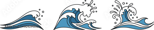 Stylized illustrations of three distinct blue ocean waves with white foam and water splashes