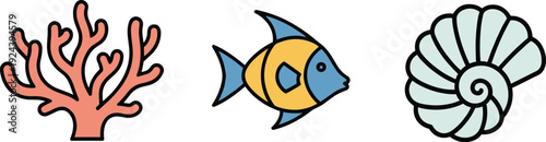 Simple cartoon coral, fish, and seashell icons on a white background