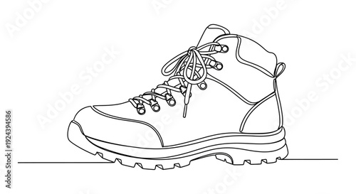 Hiking Boot with Laces on White Background, Line Art Illustration