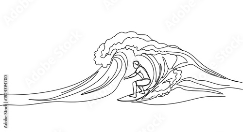 Surfer Riding Big Wave Ocean Line Art Illustration