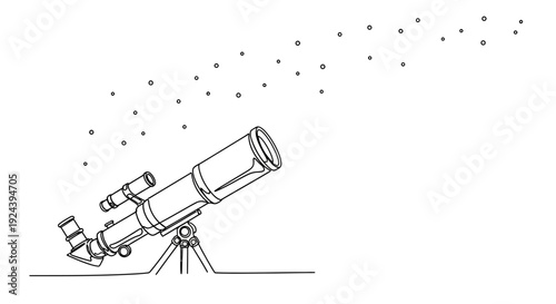 Telescope Observing Stars in Night Sky Continuous Line Drawing