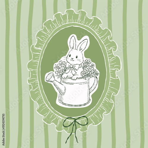 Fotografie Hand-drawn Easter illustration featuring a sweet bunny sitting inside a watering