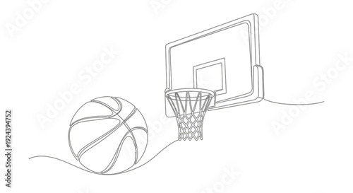 Basketball and Hoop Continuous Line Art Isolated on White