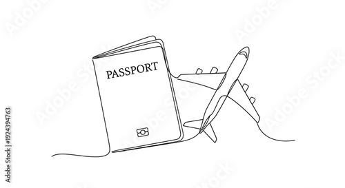 Passport Airplane Continuous Line Drawing Symbolizing Global Travel Isolated on White