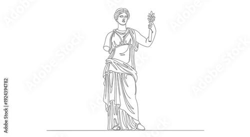 Classical Statue Woman Standing Holding Torch Line Art Isolated