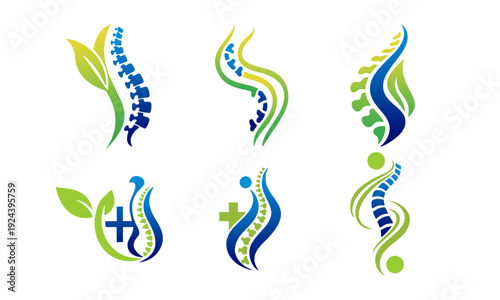 Set of abstract spine and medical logos with leaves, symbolizing health and wellness in a modern design