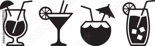 A set of four black silhouette icons showcasing various tropical and fancy cocktail beverages
