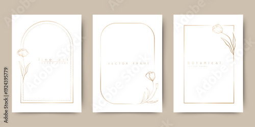 Minimal elegant botanical frame set in soft neutral tones with delicate line art elements. Perfect for wedding invitations, branding, social media templates, stationery design, luxury packaging and mo