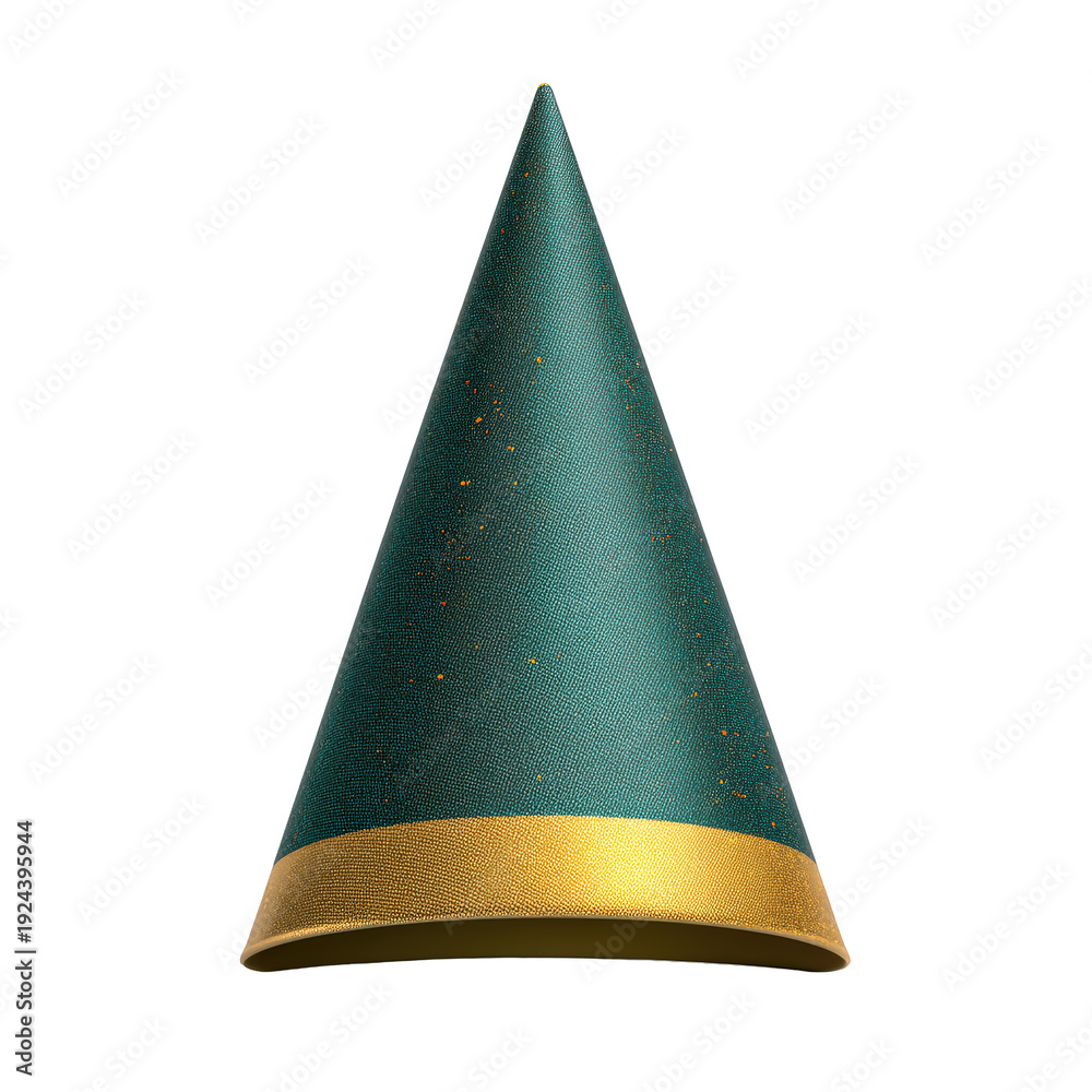 Fototapeta premium Green Party Hat with Gold Trim and Speckles on a Transparent Background. Isolated Clipart Cutout Element High Resolution Png
