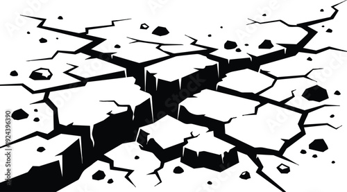 Flat design close up cracked ground vector art aerial view fractured earth with rubble sharp high contrast silhouette dry black