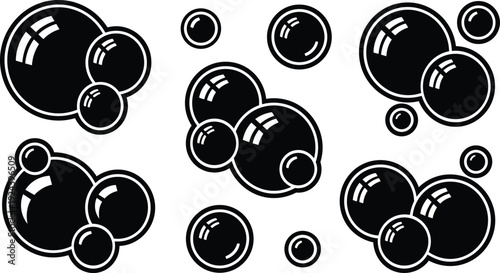 Flat design bold outline black bubble clusters six icon compositions arranged on white background high contrast graphic vector scalable editable