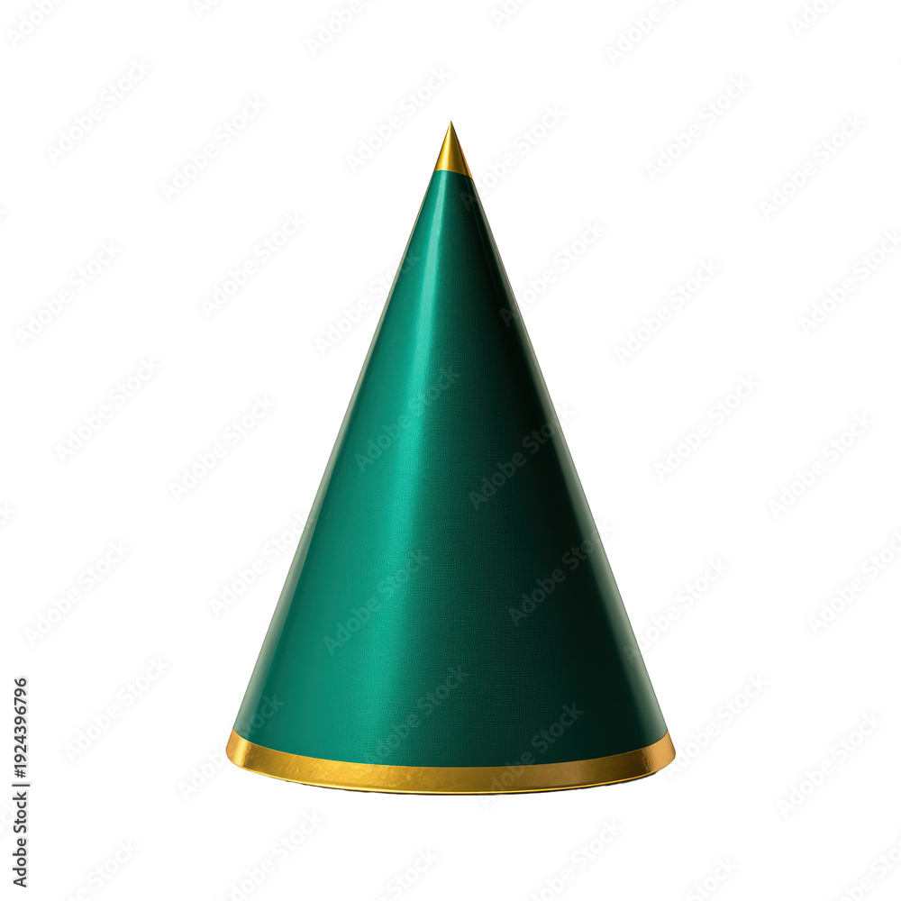 Fototapeta premium A Plain Green Cone Party Hat with a Gold Rim on a Transparent Background. Digital Design Asset Isolated Clipart