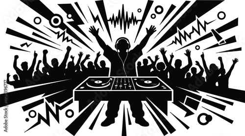 Vector dj silhouette at turntables raising hands to cheering crowd with sound waves explosive energy headphones club night party scene