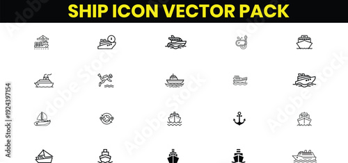 Ship Icon Vector Pack – Set of Outline Linear Icons, Editable Stroke, Nautical Icons, Maritime Symbols, Vector Illustration Collection