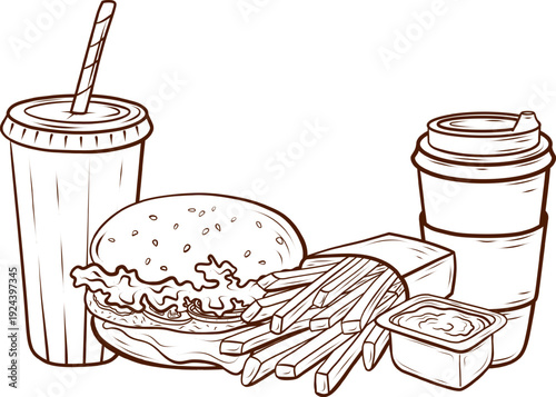 Fast food combo with burger, french fries, sauce dip, coffee cup and soda drink. Vector illustration In pen and ink style.Tasty takeaway meal set for menu design, packaging, posters, branding