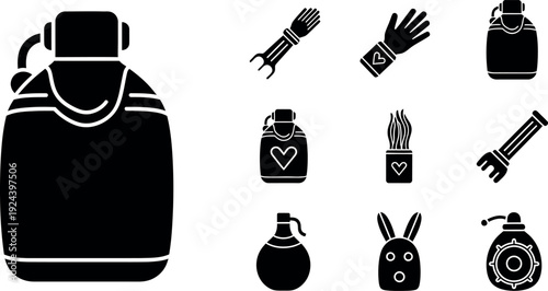 Black and white silhouette of a backpack and travel accessories