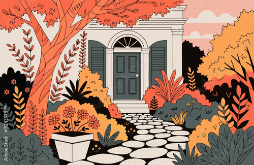 Stone path leading to house entrance framed by lush foliage and large tree inviting garden scene natural light serene residential setting