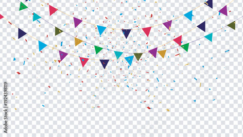 Colorful triangular flags floating against a starry background Vector illustration.