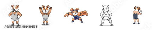 Wrestling Action Cute Dog Characters Competing Grappling Sport Vector Set
