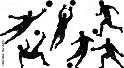 Flat design vector silhouette soccer players in action goalkeeper diving bicycle kick volley dribble pass shoot dynamic high contrast energy