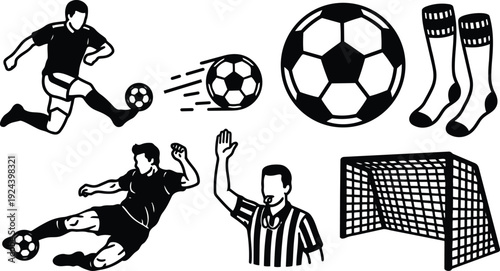 Flat vector soccer player kicking ball sliding tackle goal net referee signaling with whistle sports icon set black and white