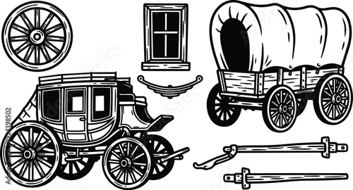 Vintage western covered wagon and stagecoach side view with spoked wheels wooden shafts close up vector line art detailed isolated