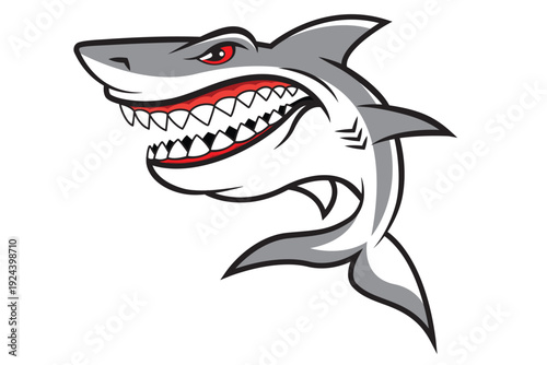 Vector illustration of an aggressive great white shark mascot with an open mouth showing sharp teeth, red eyes, and a fierce expression, isolated on a white background in a clean logo style.