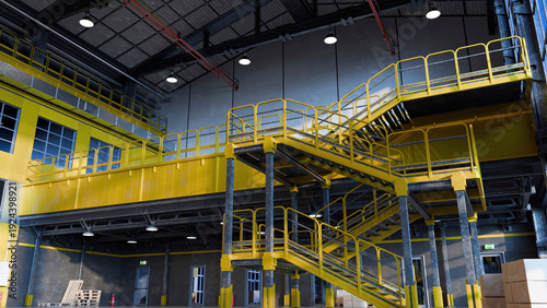 Bild auf Leinwand Industrial mezzanine staircase structure inside modern warehouse facility