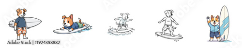 Surfing mascot dog characters catching waves summer beach activity vector set