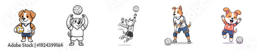Volleyball cartoon dog characters playing match dynamic sport action vector set