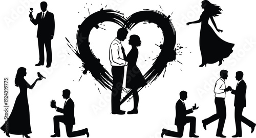 Silhouette vector ink splash heart showing couples in romantic proposal scenes man kneeling woman close embrace low angle monochrome intimate