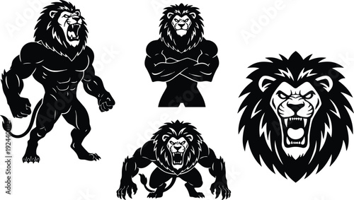 Mascot style roaring lion head and four muscular lion poses in bold silhouette for team logo and apparel design branding