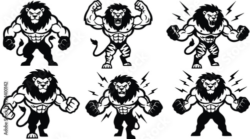 Mascot vector lion flexing muscles and roaring with boxing gloves in bold black and white sports logo style front view