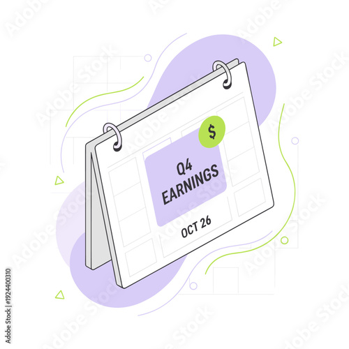 Calendar showing Q4 earnings date marked with a dollar sign, financial planning concept