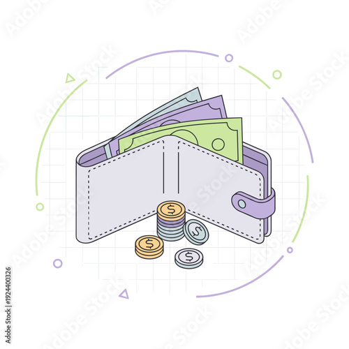 Wallet filled with cash and coins, representing financial savings and wealth management