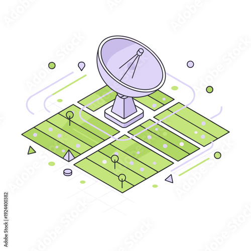 Isometric illustration of a satellite dish on a grid representing smart farming technology