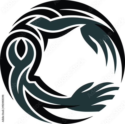 Tribal arm tattoo circular fish inspired bold art style