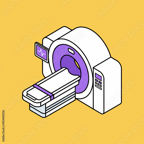 Isometric medical MRI scanner with a patient bed and monitor displaying a heartbeat waveform