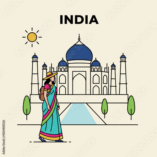 Woman in traditional Indian attire visits the Taj Mahal, a famous landmark