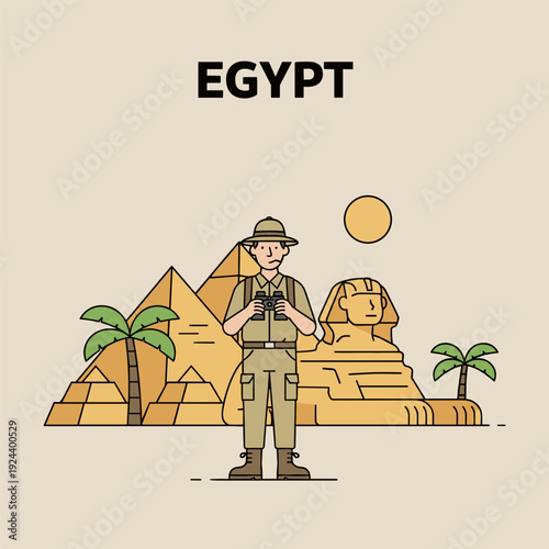 Adventurous explorer with binoculars in front of Egyptian pyramids and Sphinx
