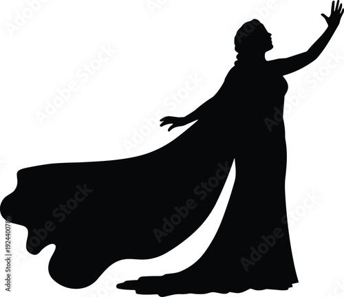 Elegant female singer silhouette in flowing gown performing dramatically with raised hand isolated on white background