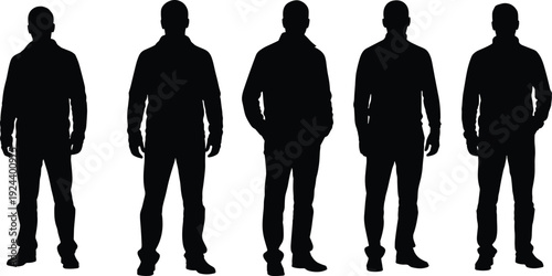 Man silhouettes collection isolated on white background, male figures standing in casual poses front view vector set