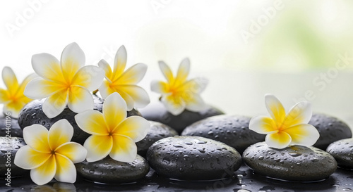 Frangipani flowers on wet stones display tranquil tropical elegance for spa concepts. Plumeria blossoms with glistening water droplets rest on dark zen pebbles, emphasizing natural beauty and calm.