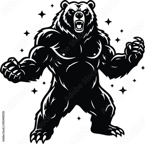 Tattoo flash muscular bear roaring full body mascot vector with clenched fists and star accents bold black illustration isolated front