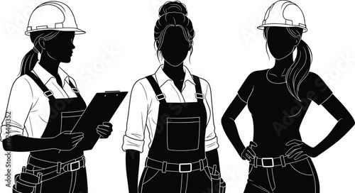 Female construction worker silhouettes isolated on white background, women engineers and builders with helmet and clipboard vector set