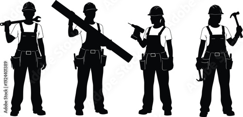 Construction worker silhouettes set isolated on white background, builders holding tools and equipment in standing poses