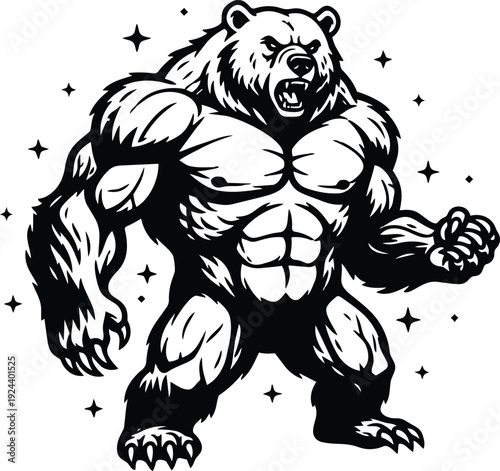 Tattoo flash muscular bear mascot roaring with clenched fist three quarter view vector art bold linework black white aggressive pose