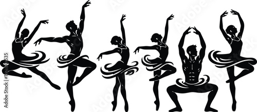 Flat vector silhouette close up dynamic ballet dancers performing leaps and arabesques studio white background dramatic contrast male female poses