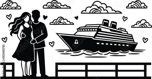 Silhouette vector couple embracing on pier watching cruise ship sail by with heart icons cloud background romantic evening